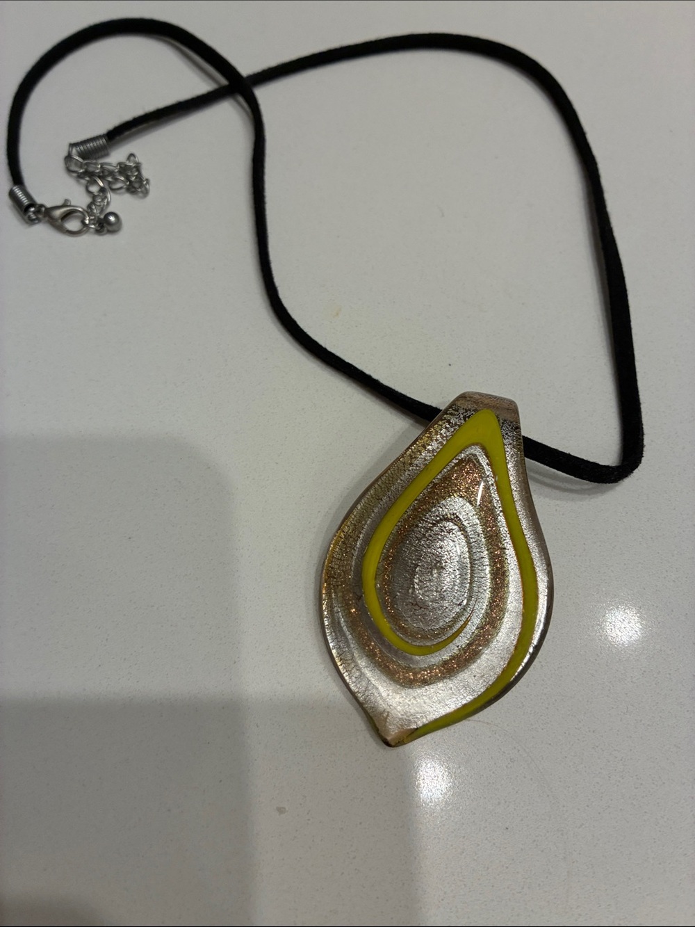 Murano Yellow/Silver/Gold Sparkle Teardrop Glass Pendant Necklace